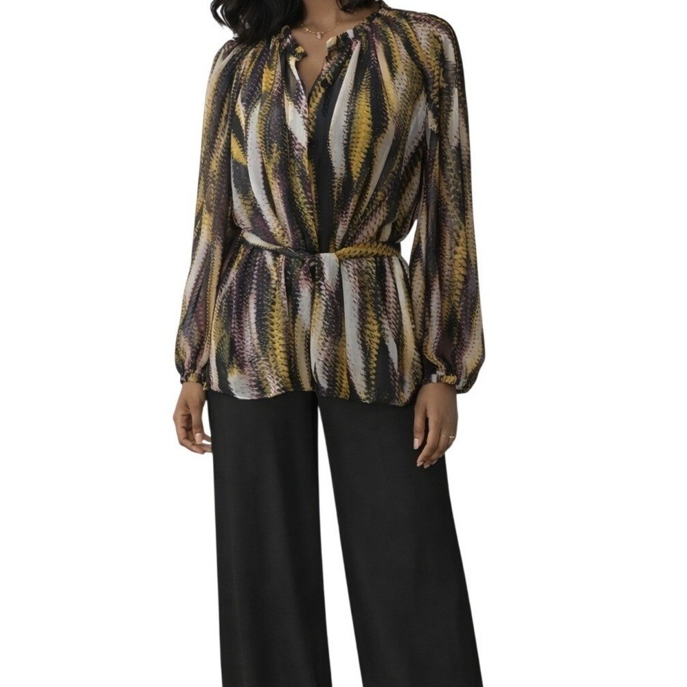 Jennifer Lopez Womens Yellow Black Abstract Print Belted Chiffon Blouse Size L